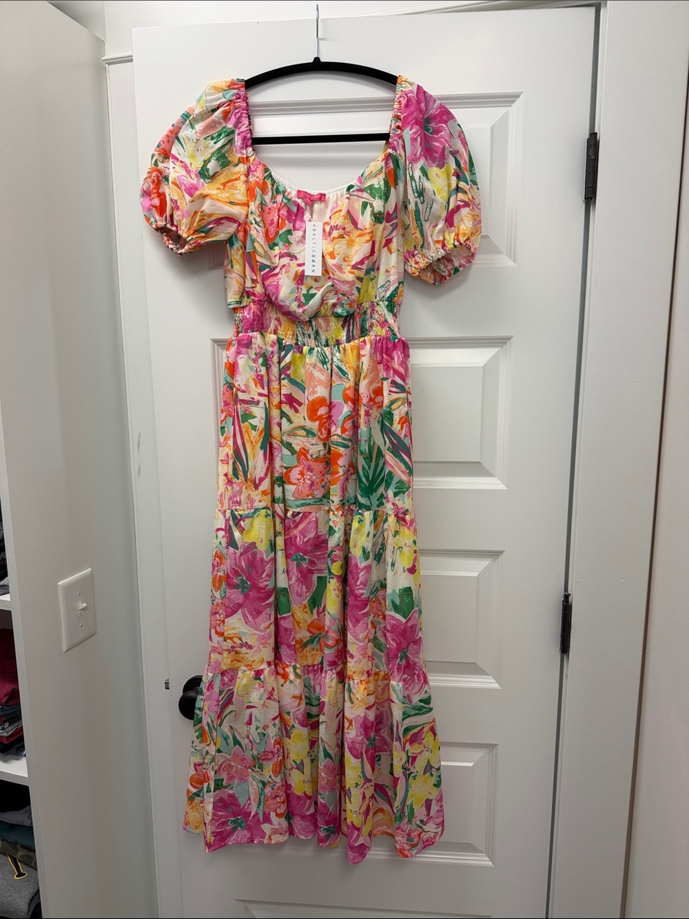 Baltic Born Pink, Yellow & Green Floral Puff-Sleeve Maxi Dress